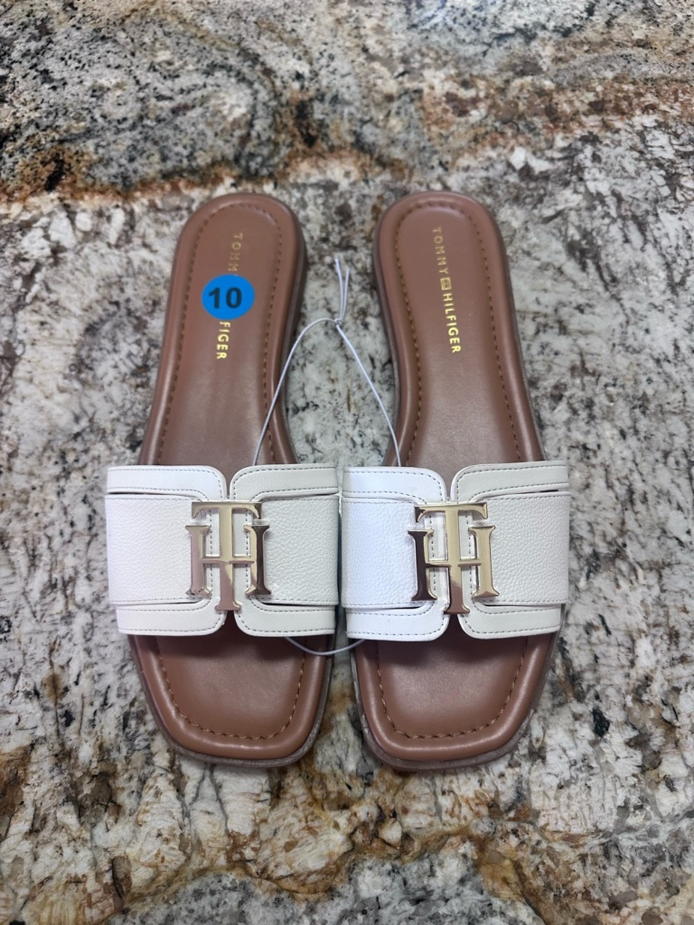 Tommy Hilfiger White Leather Slide Mules with Gold Logo